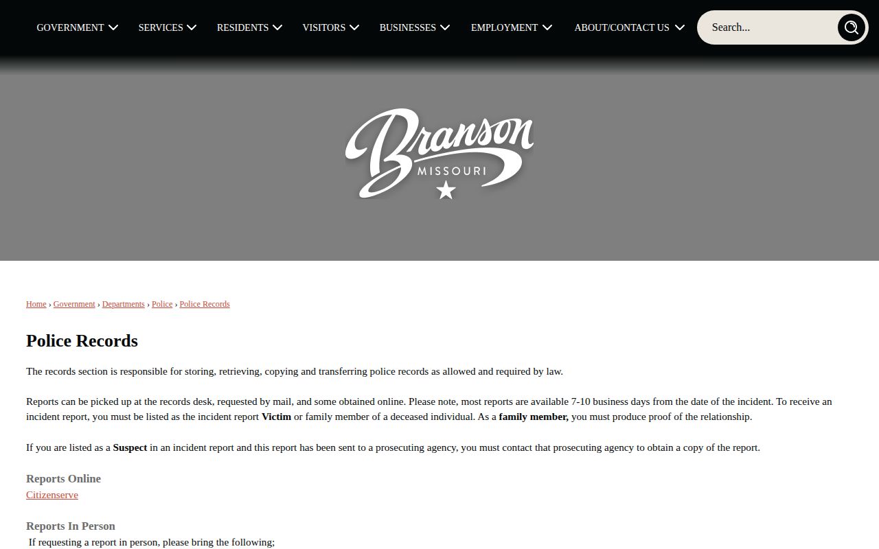 Branson, Taney County police records and booking-photo request information