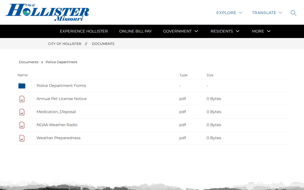 Hollister, Taney County police records request document for arrest records