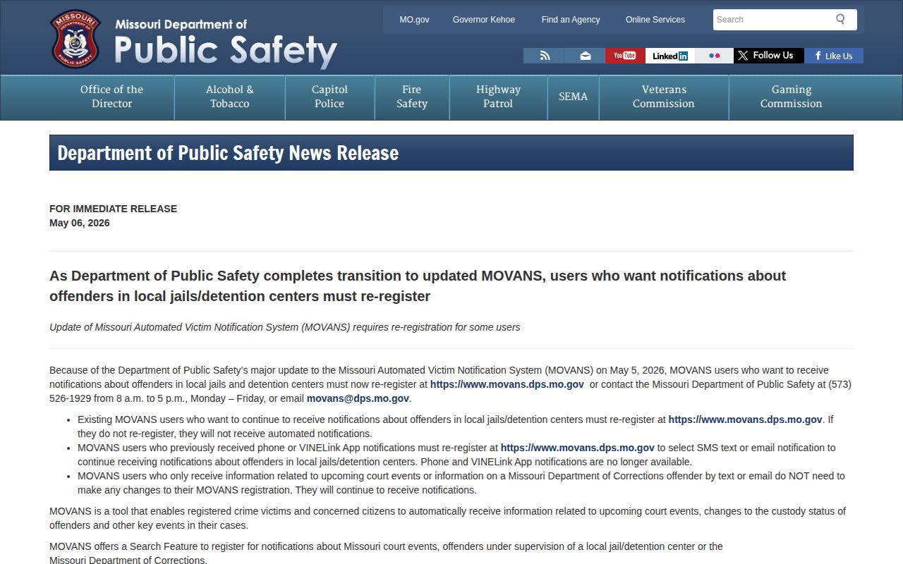 Taney County custody notification record information from Missouri MOVANS