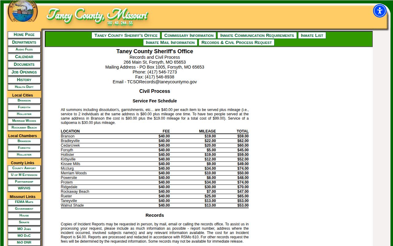 Taney County booking record request information on the TCSO Records page